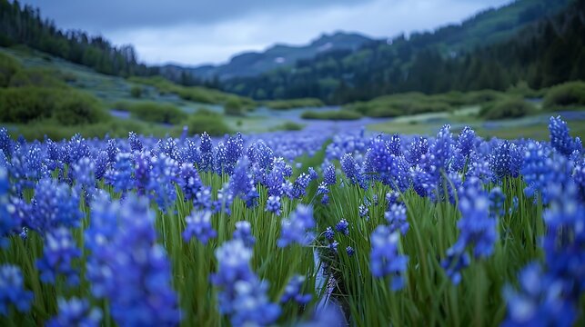 A lush meadow filled with purple-blue camas flowers in full spring bloom, their vibrant colors creating a stunning natural mosaic. The delicate petals of the camas sway gently in the breeze, 