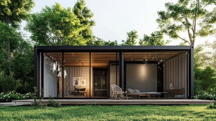 Modern glass house with wooden interior and a deck in a lush green garden.