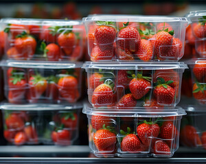 fresh strawberries in containers on supermarket shelves, ready for sale. perfect for retail and grocery store displays, highlighting seasonal fruit and healthy eating options.