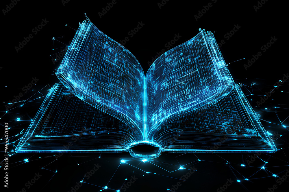 Poster a digital representation of an open book, symbolizing knowledge and technology.