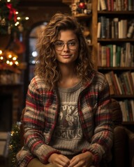 Young woman with cheerful expression wearing glasses and cozy sweater in a festive library background