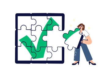 Businesswoman single-handedly completed task of completing puzzle with check mark