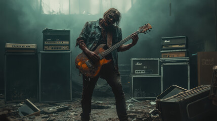 A zombie rockstar with decaying skin, holding a rusted guitar, standing on a broken, abandoned stage, shattered amplifiers and debris scattered around.