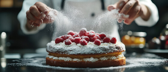Fototapeta premium A chef sprinkles powdered sugar over a raspberry-topped cake in a kitchen setting.