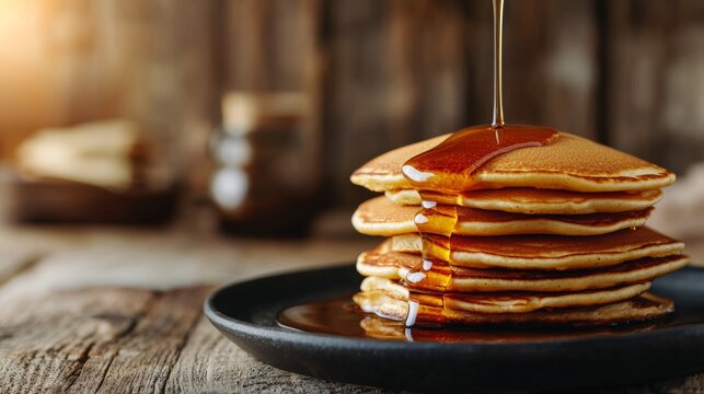 Stack of pancakes with syrup on rustic table