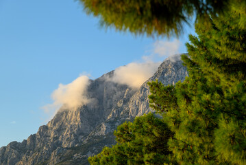 View of the Biokovo mountain range of the Dinaric Alps from Makarska riviera, Adriatic coast of Croatia