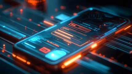Fototapeta premium Digital wallet interface on a smartphone, holographic transaction history, glowing neon blue elements, dark background, high-tech and cutting-edge design,
