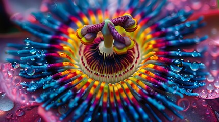 A close-up of a Passiflora, or passion flower, showcasing its intricate structure and vibrant colors. The flower's unique radial symmetry and complex design are captured in exquisite detail, 