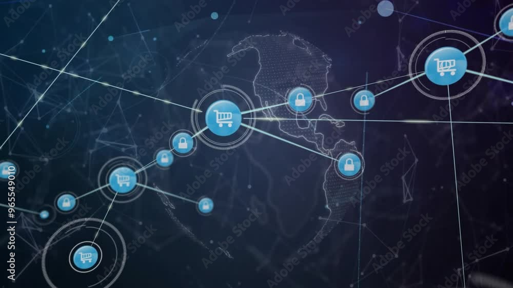 Poster animation of network of connections with trolley icons over globe on dark background