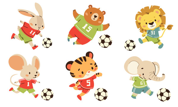 Set of flat vector illustrations in children's style. Cute animals in uniform playing soccer. Lion elephant elephant tiger hare mouse and bear. Vector illustration