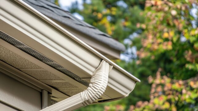 White gutter with downspout attached to a house roof, with blurred green tree foliage in the background.