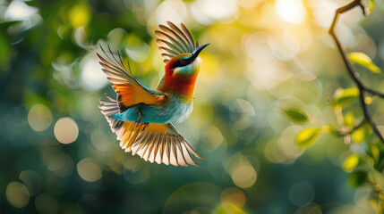 Fototapeta premium Vibrant wild bird in flying pose flapping beautiful wings against the backdrop of green forest background