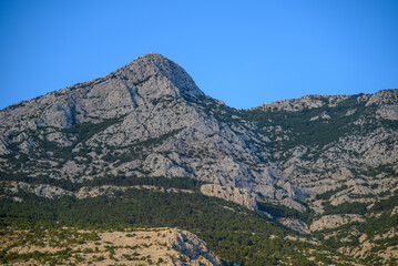 View of the Biokovo mountain range of the Dinaric Alps from Makarska riviera, Adriatic coast of Croatia