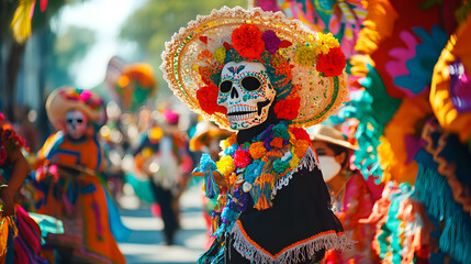 Participants in vibrant costumes and skull makeup celebrate the Day of the Dead at a lively street parade filled with colorful decorations and cultural symbolism