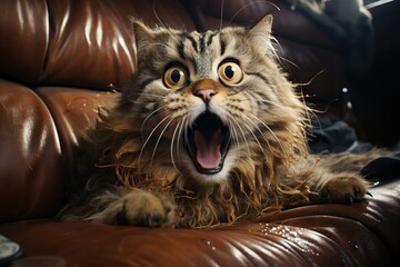 veru scared cat on a broken couch