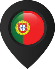 Glossy location pin with the flag of Portugal on it. Black location marker on transparent background. Vector pointer icon for apps, UI and web design