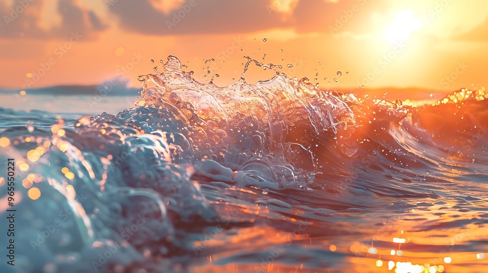 Poster close up of a wave crashing in the ocean with the sun setting in the background. the water is sparkl