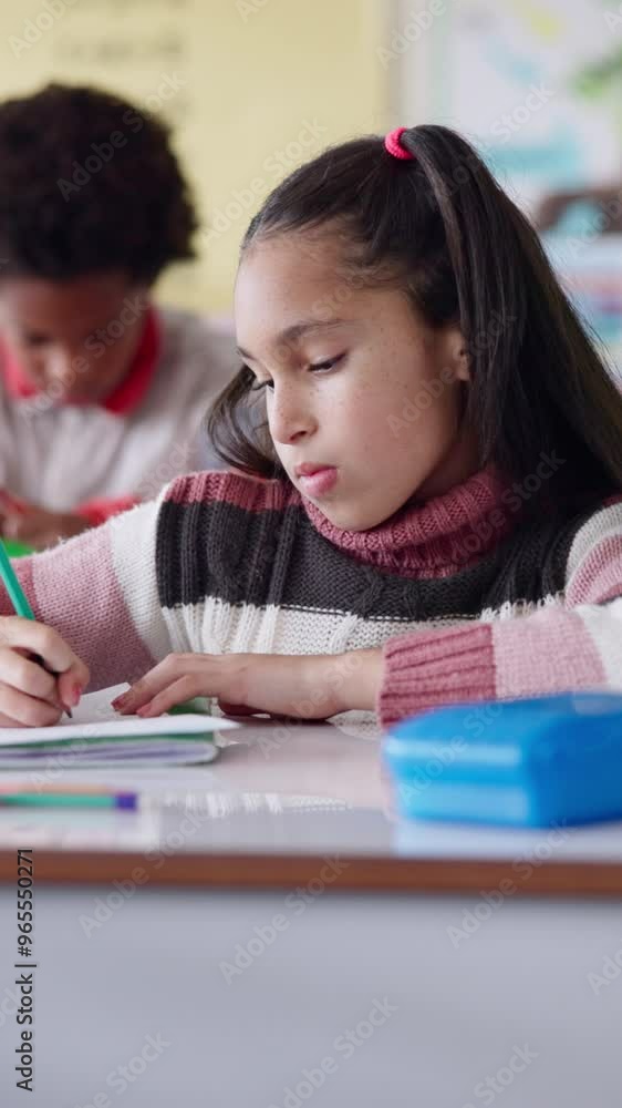 Aufkleber Girl, writing and exam in classroom for education, thinking or problem solving for maths quiz at academy. Child, test and assessment with solution, learning and development with progress at school