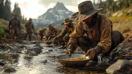 Prospectors panning for gold in a mountain stream during the gold rush