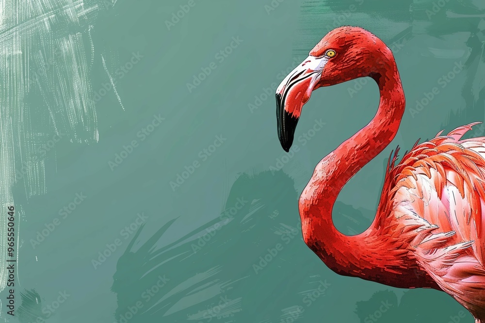 Wall mural an illustration of a flamingo on a grey abstract background with free space