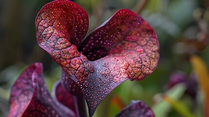 A close-up of Aristolochia gigantea, also known as the Dutchman’s pipe, revealing its bizarre, otherworldly flower. The large, heart-shaped petals are mottled with deep reds and purples, creating 