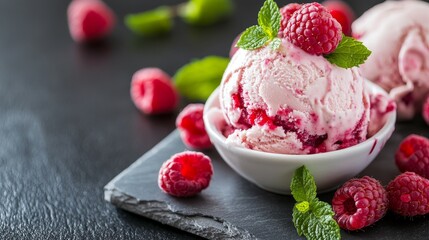 A bowl of raspberry ice cream garnished with fresh mint and surrounded by raspberries on a slate surface.