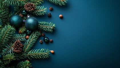 Christmas background. Fir branches with green ornaments and pine cones on dark blue, copy space.