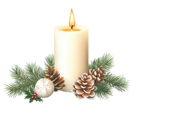 A decorative candle surrounded by festive pine and pinecones, perfect for holiday celebrations and winter decor.