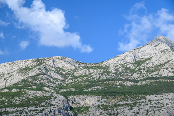 View of the Biokovo mountain range of the Dinaric Alps from Makarska riviera, Adriatic coast of Croatia