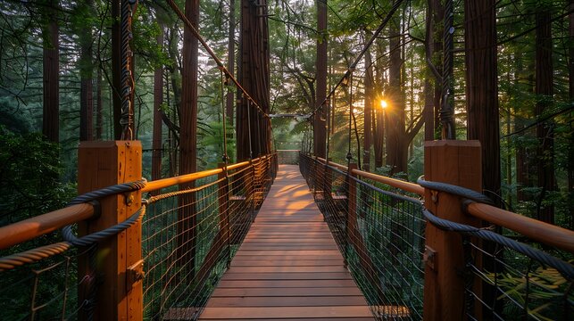 A breathtaking view from a canopy walkway high above the forest floor, surrounded by the towering coastal redwoods. The immense trees rise like ancient pillars, their green canopy stretching 
