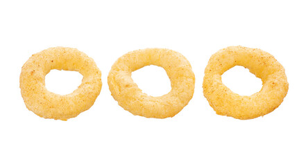 Crispy ring snacks isolated on white background. Corn onion rings in bowl isolated on white background. Crispy onion rings, isolated on white background. Snacks for watching movies.