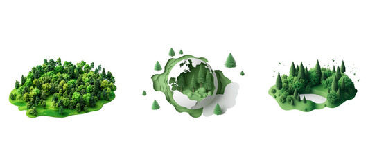 Set of paper cut out 3D cartoon worlds with trees on a white background.