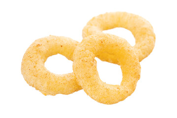 Crispy ring snacks isolated on white background. Corn onion rings in bowl isolated on white background. Crispy onion rings, isolated on white background. Snacks for watching movies.