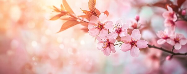 Fototapeta premium Cherry blossom branch with pink flowers in soft focus, springtime beauty concept