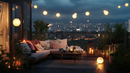 Cozy balcony setting at night with lights, plants, and a view of the city.