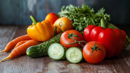 A close-up of a colorful assortment of fresh vegetables, including tomatoes, bell peppers, cucumbers, and carrots, arranged beautifully on a rustic wooden table.

