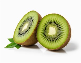 Fototapeta premium Two kiwi slices, one whole and one sliced, are displayed on a white background, with the whole kiwi on the left and the sliced one on the right, featuring vibrant green skin and dark brown seeds