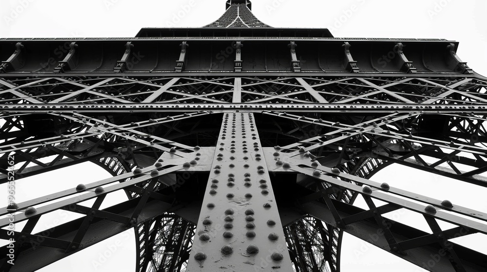Poster upward view of an iron structure, latticework with rivets against sky. architecture, engineering