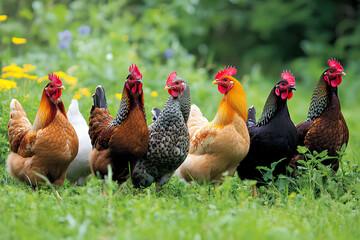 Fototapeta premium A group of colorful chickens standing in a grassy area with flowers.