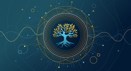 Abstract, minimal background with the Tree of Life and Essence of Life positive energy, space, earth, globe, stars decoration background, desktop wallpaper, illustration, vibrating waves