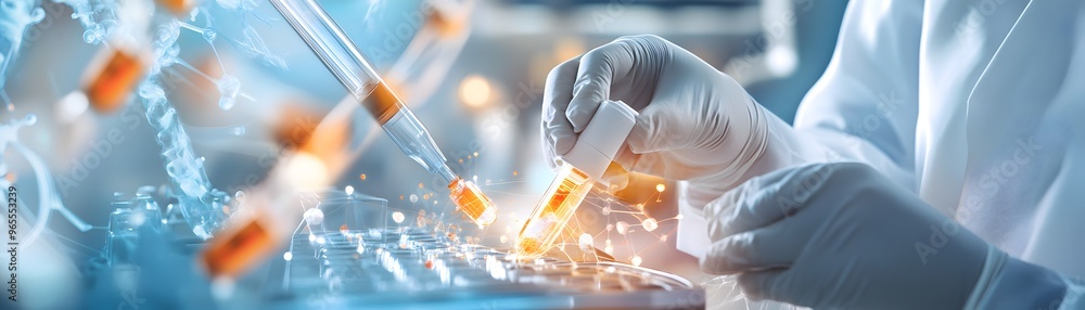 Poster scientist working in a laboratory with test tubes and molecules.