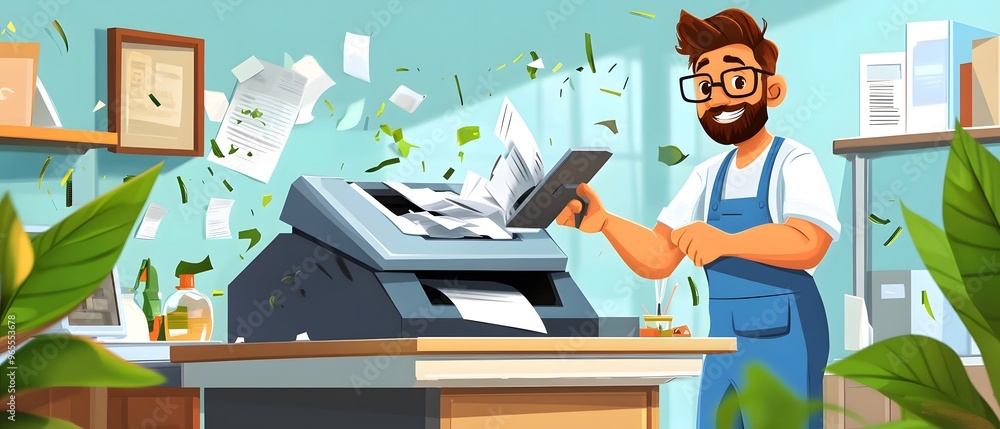 Poster man using a printer with flying paper.