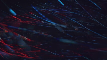 Vibrant red and blue dust particles with bokeh lens blur and glowing trails against a black background, creating a dynamic and cosmic atmosphere.