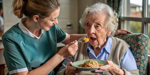 Elderly care and nutrition: nurse assisting an elderly woman during mealtime