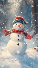 Cheerful Snowman in Winter Wonderland