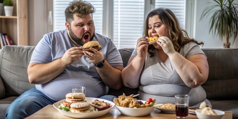 Couple enjoying indulgent meal with fast food and snacks at home