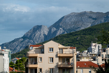 View of the Biokovo mountain range of the Dinaric Alps from Makarska riviera, Adriatic coast of Croatia