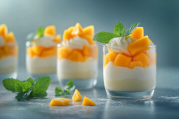 Glass of mango pudding with mint leaves.
