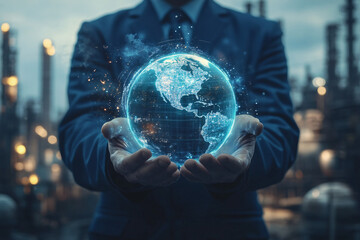 Fototapeta premium Businessman in a suit holding a glowing digital globe representing technology and global connections with industrial background
