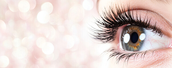 Obraz premium Close up woman eyes. Macro classic volume long eyelash extensions, lamination, correction. Natural beauty or laser vision correction. Skin care, beauty, makeup concept.